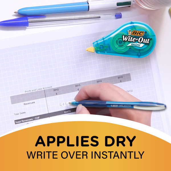 BIC Wite-Out Mini Correction Tape, White, 12-Count Pack, No Dry Time
