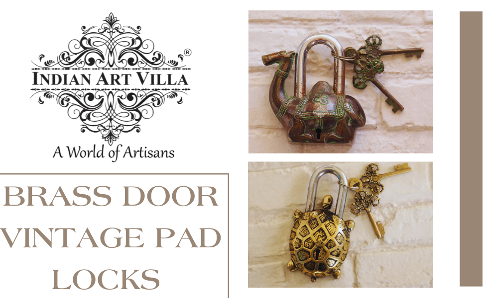 Indian Art Villa Handmade Old Vintage Style Antique Godess Saraswati Ji Design Brass Security Lock with 2 Keys Om Design on Back|Home Temple Office
