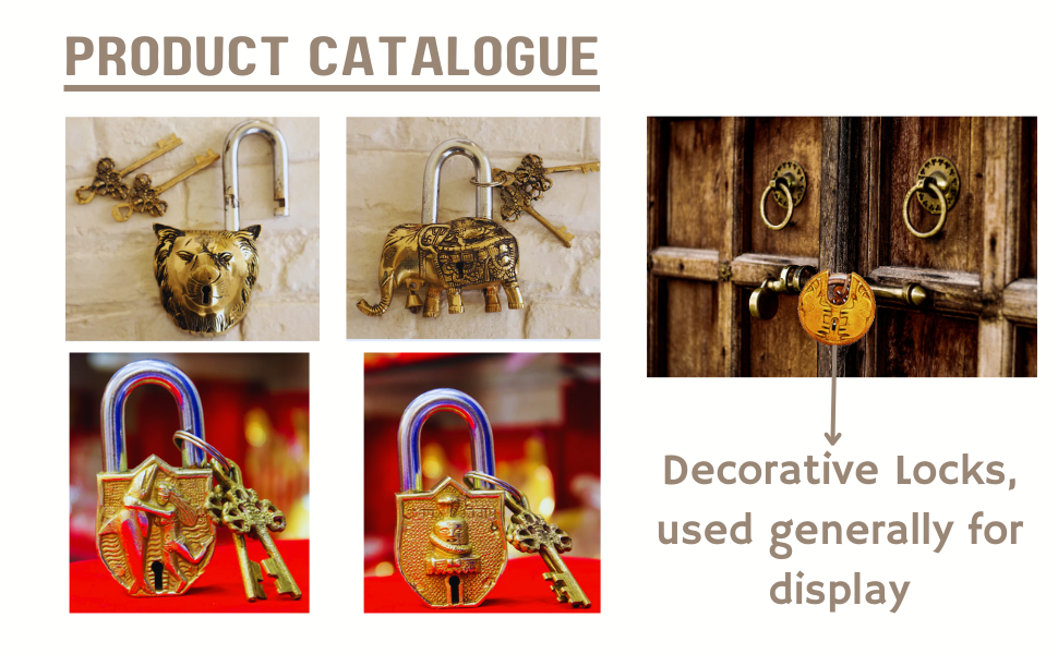 Indian Art Villa Handmade Old Vintage Style Antique Godess Saraswati Ji Design Brass Security Lock with 2 Keys Om Design on Back|Home Temple Office