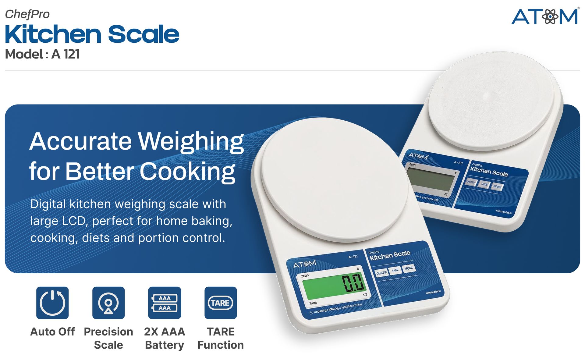 ATOM/Aliston K1 Series A121/SF-400 Digital Weighing Machine/Scale (10kg, 1g accuracy) High Precision Scale for Food with Large LCD Display, Tare Function Multi weighing mode-g, oz For Home, Kitchen