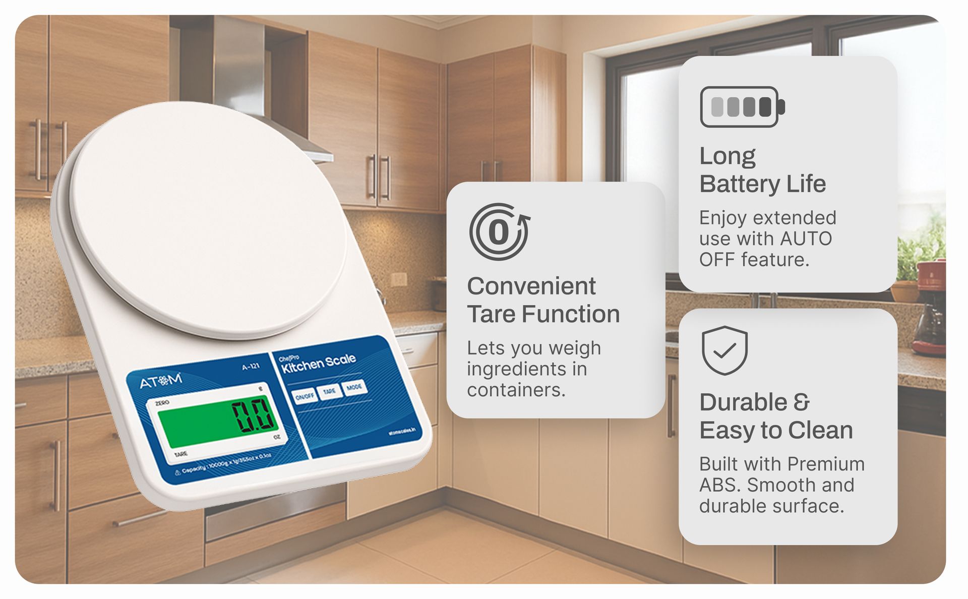 ATOM/Aliston K1 Series A121/SF-400 Digital Weighing Machine/Scale (10kg, 1g accuracy) High Precision Scale for Food with Large LCD Display, Tare Function Multi weighing mode-g, oz For Home, Kitchen