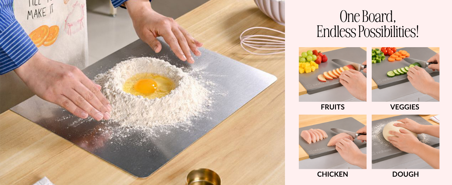 Nestasia Stainless Steel Counter Top Chopping Board (41.5cm x 29cm) | Anti-Slip Rustproof Reversible Cutting Board with Measurement Markings for Chopping Fruits & Vegetables