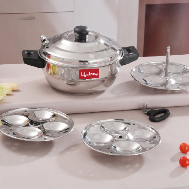 Lifelong Idli Cooker 3 Plate | 12 idlis | Stainless Steel Idli Cooker, Induction and Gas Stove Compatible Idli Maker (LLIDCKR03, Steel Silver)