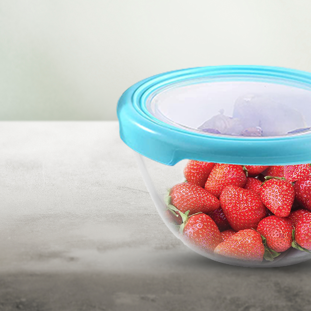 CELLO Ornella Round Glass Mixing Bowls for Kitchen with Lid Set of 2 Pieces, 500ml Transparent | Freezer & Fridge Safe, Microwave Oven & Dishwasher Safe Toughened Glass Bowl for Serving Mixing Dining