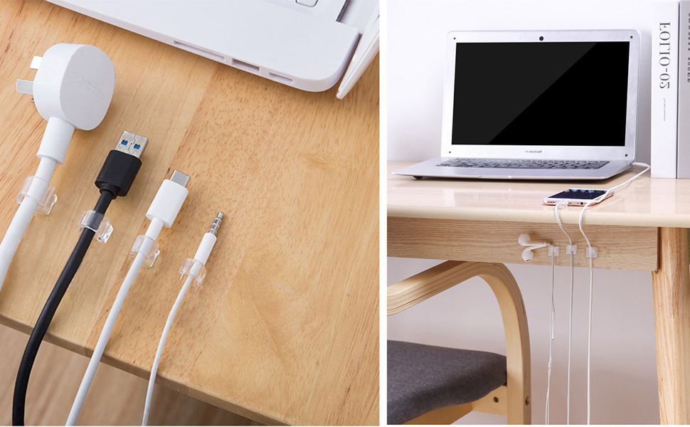 RYCHUI Pack of 60 Transparent Cable Holders, Outdoor Cable Clips, Cable Management Organiser, Self-Adhesive, U-Shape, 5mm Max Cable Diameter