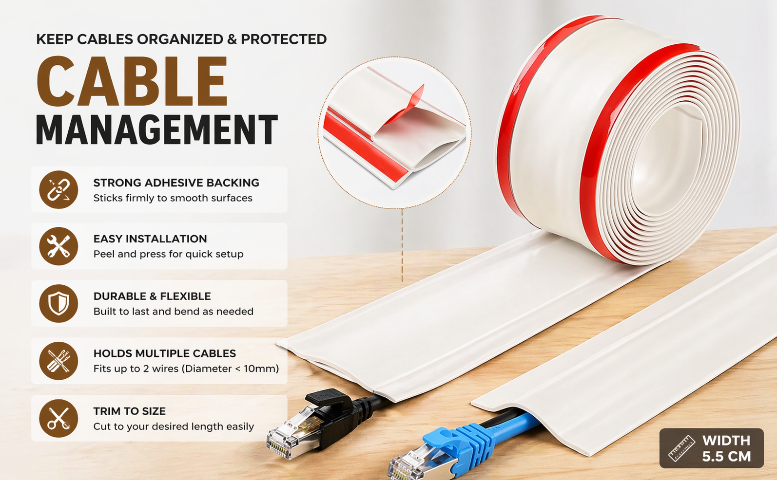 Floor Cord Cover PVC Cable Protector for Wires on Floor, Cord Hider for Extension Cables, Wire Cover for Cable Management, Wire Hider for Wall (1 Meter + 1 Meter)