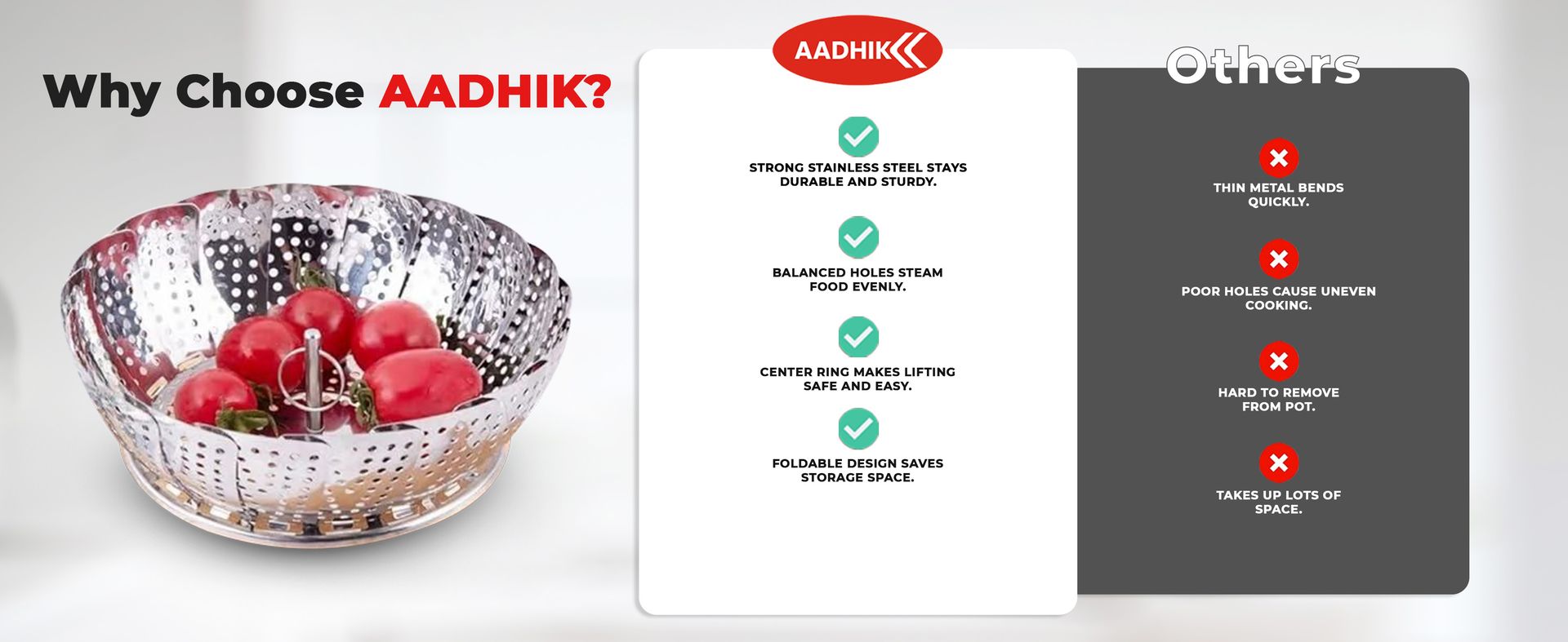 AADHIK Vegetable Steamer Basket Stainless Steel Vegetable Steamer for Cooking Vegetable & Fruits/Salad/Steaming with Insert for Pots, Crock, Pans Food Drain Bowl (Silver)