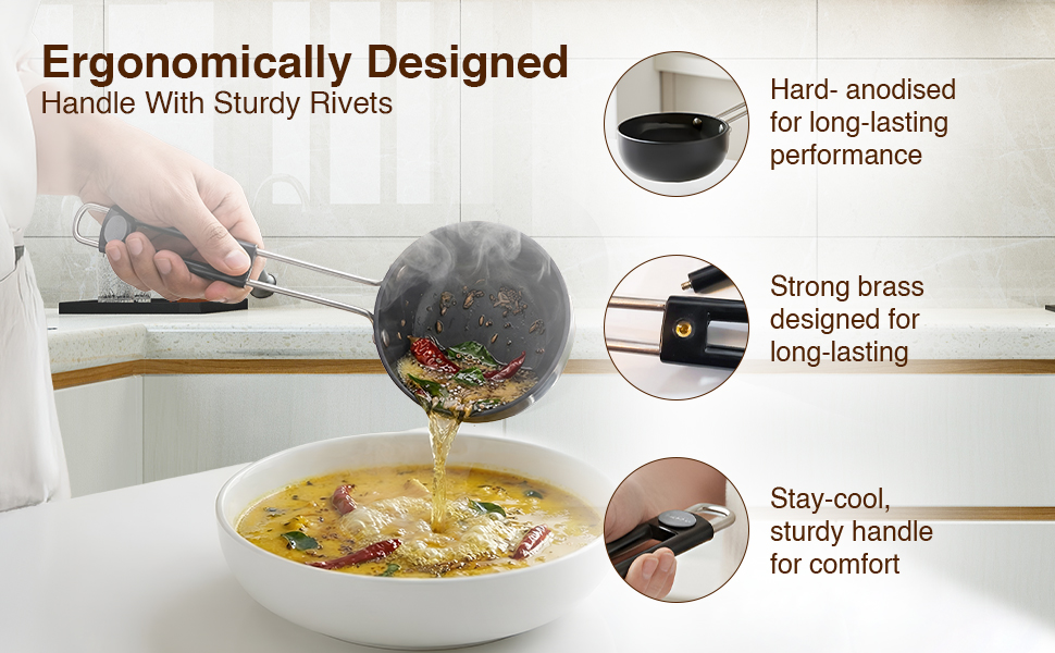 Prestige Hard Anodised Tadka Pan 10 cm | Stay Cool Handle | Built-in Stand | Metal Spoon Friendly | Base Thickness 3 mm | 2Y Warranty | ISI Certified