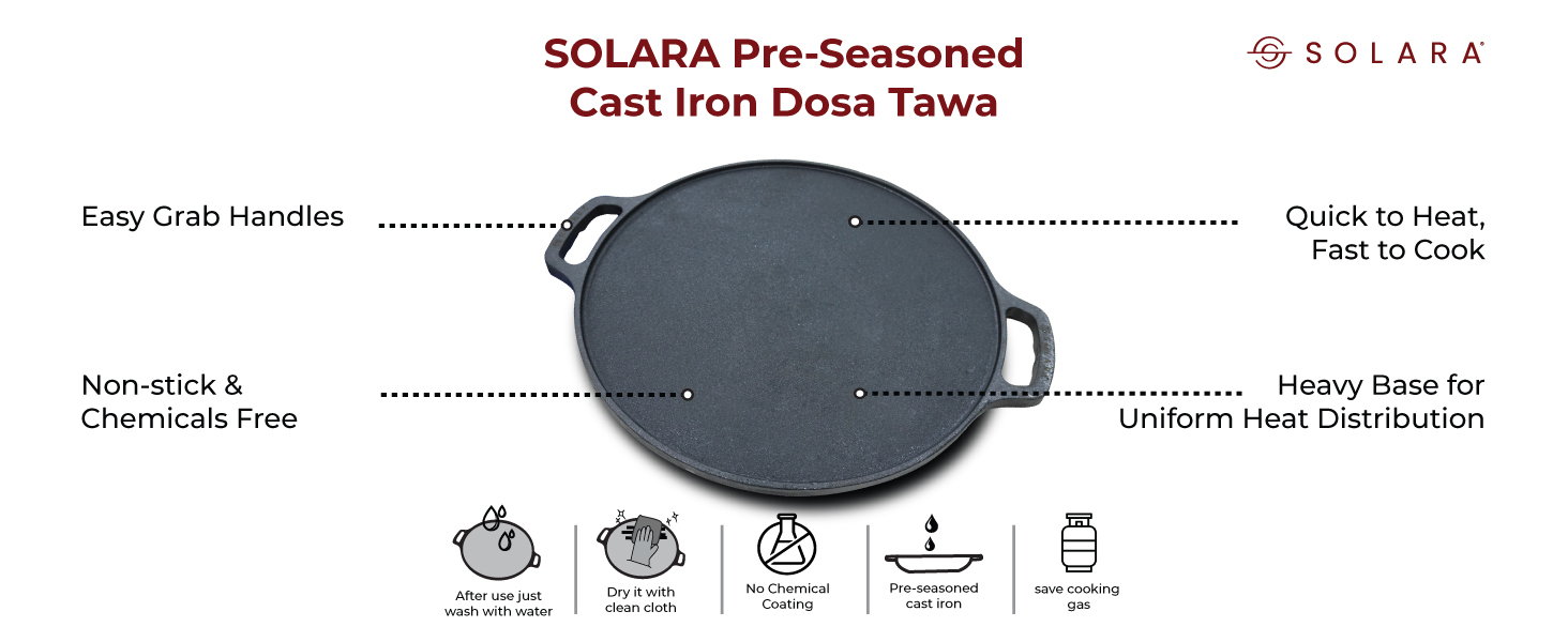 SOLARA Cast Iron Tawa for Roti and Dosa 12 Inch, Pre-Seasoned Cookware