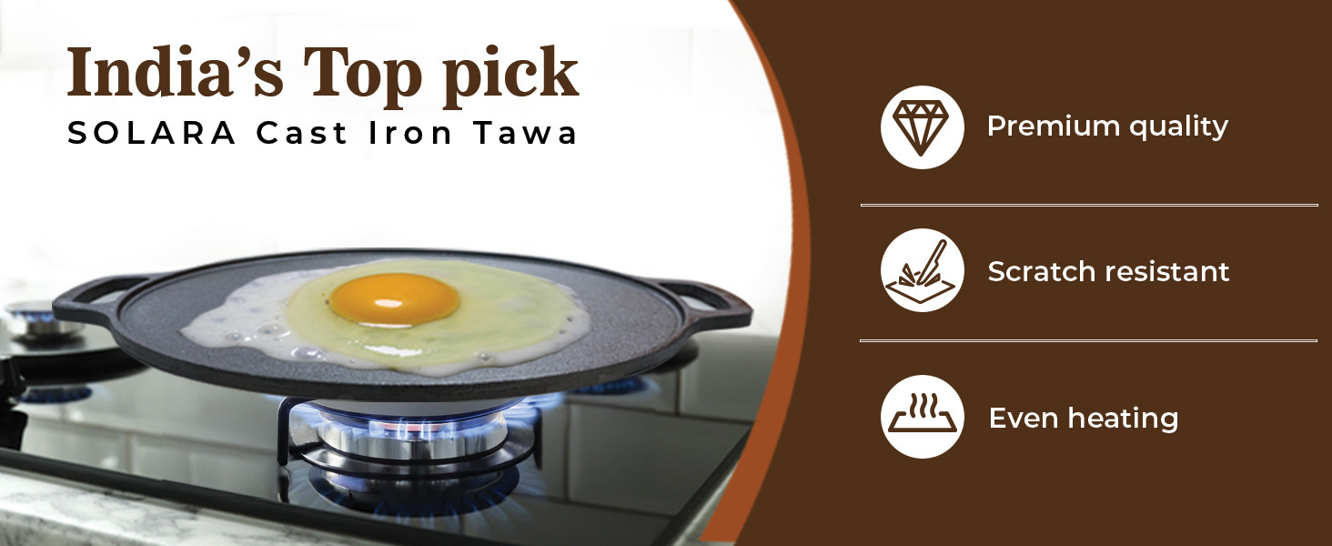 SOLARA Cast Iron Tawa for Roti and Dosa 12 Inch, Pre-Seasoned Cookware