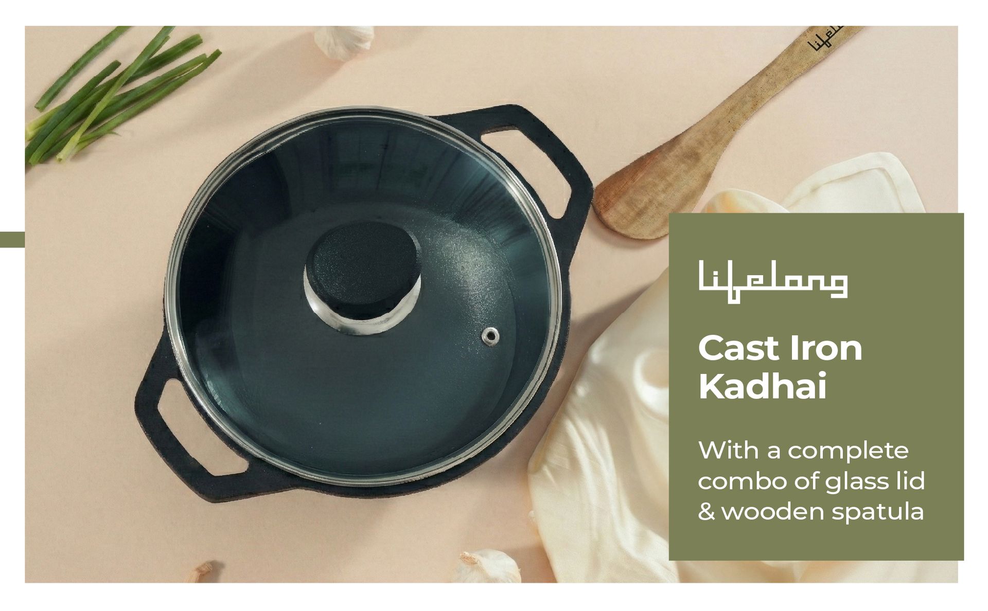 Lifelong Cast Iron Kadhai 24cm with Glass Lid & Wooden Spatula | 3.3L, 2.4kg | Pre-Seasoned, Even Heat Distribution, Toxin & Teflon Free, Non-Stick, & Durable | Gas & Induction Stovetop Compatible
