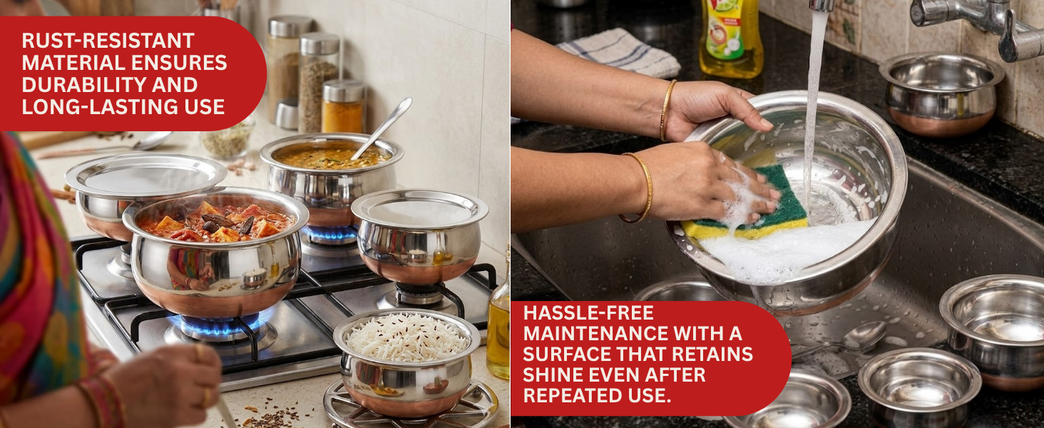 LIMETRO STEEL Stainless Steel Copper Coated Serving Set/Handi Set of 5 with Lids - (0.5 L, 0.75 L, 1 L, 1.5 L & 2 L)