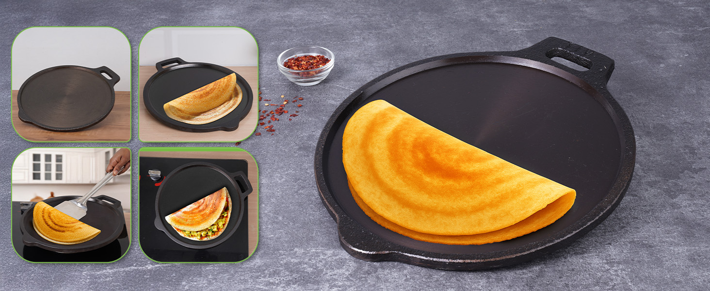 The Indus Valley Super Smooth Cast Iron Tawa with Free Wooden Spatula for Dosa/Chapathi | 27.6cm/10.8 inch, 2kg | Induction Friendly | Naturally Nonstick, 100% Pure & Toxin-Free