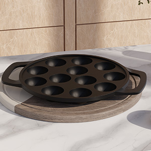 Lifelong Cast Iron Paniyaram Pan with Glass Lid, 210mm Diameter, Black, Non-Stick & Teflon Free, Induction and Gas Stove Compatible