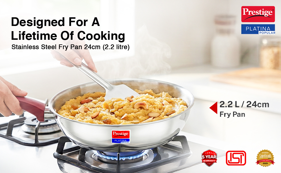 Prestige Platina Popular Stainless Steel Gas and Induction Compatible Fry Pan, 240 mm