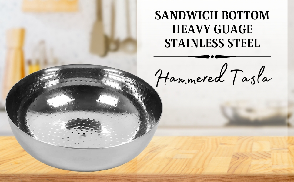 KC Sandwich Bottom Heavy Guage Stainless Steel Hammered Tasla, Without Handle Kadhai Cookware(1500 ML)