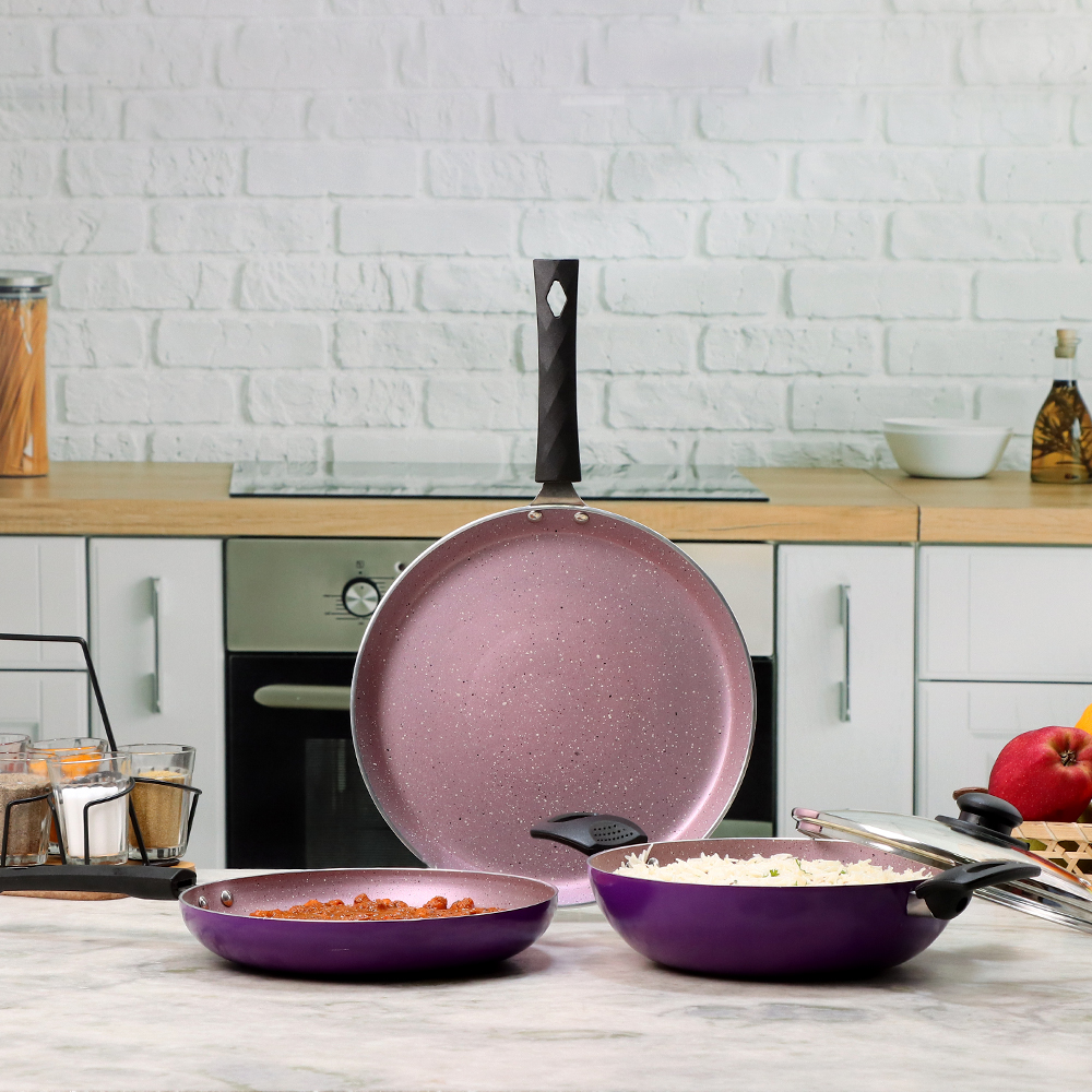 Wonderchef Valencia Non-Stick 4 Pc Cookware Set for Kitchen, Fry Pan 24cm, Kadhai with Glass Lid 24cm, Dosa Tawa 28cm, Non-Toxic PFOA Free, Gas Stove & Induction Friendly, 2-Yr Warranty, Purple