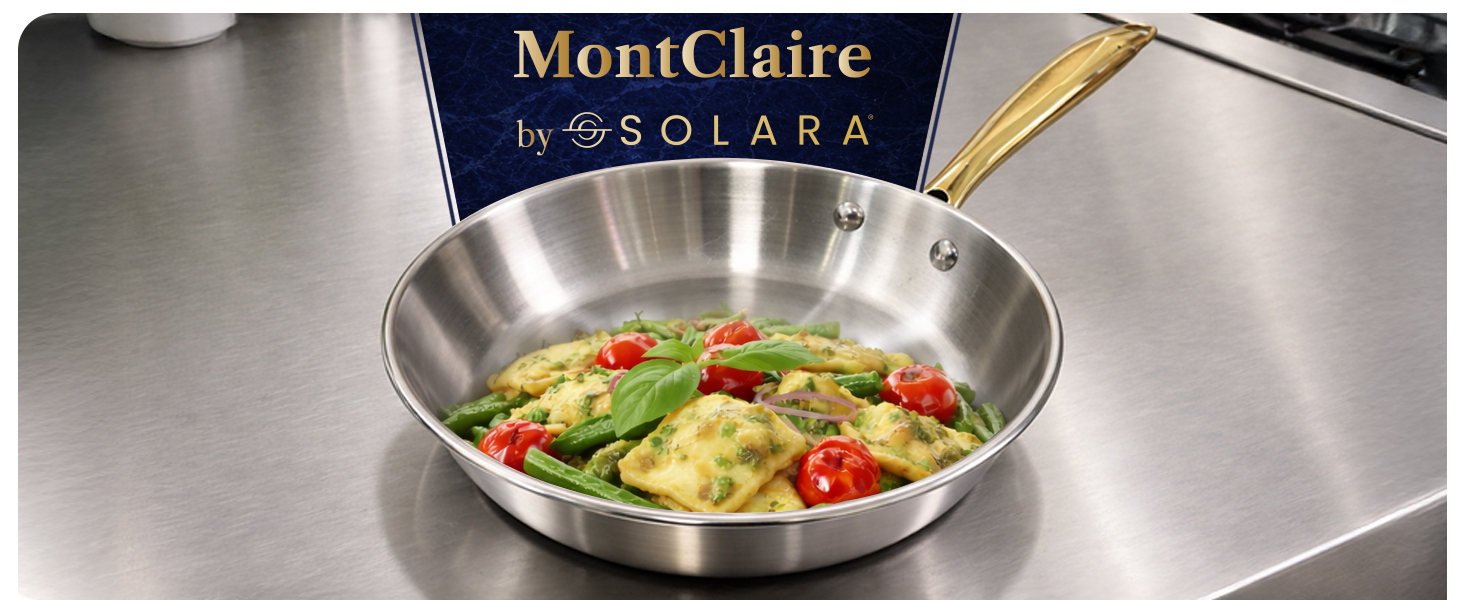 SOLARA MontClaire Premium Triply Stainless Steel Frying Pan with Golden Handle, 22cm(1.7L) Fry Pan – Induction Friendly, Pan for Cooking, 100% Toxin-Free and Chemical-Free Cookware