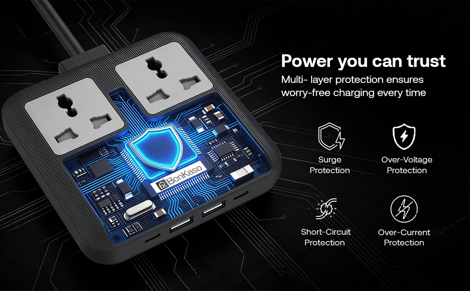 BonKaso Nano 6-in-1 67W GaN Fast Charging Station with 2 AC Outlets, 2 USB-C & 2 USB-A Ports | Ultra Slim Portable Power Hub | Multi-Layer Protection | 330g | 11.8x10.5x2 CM (Black)