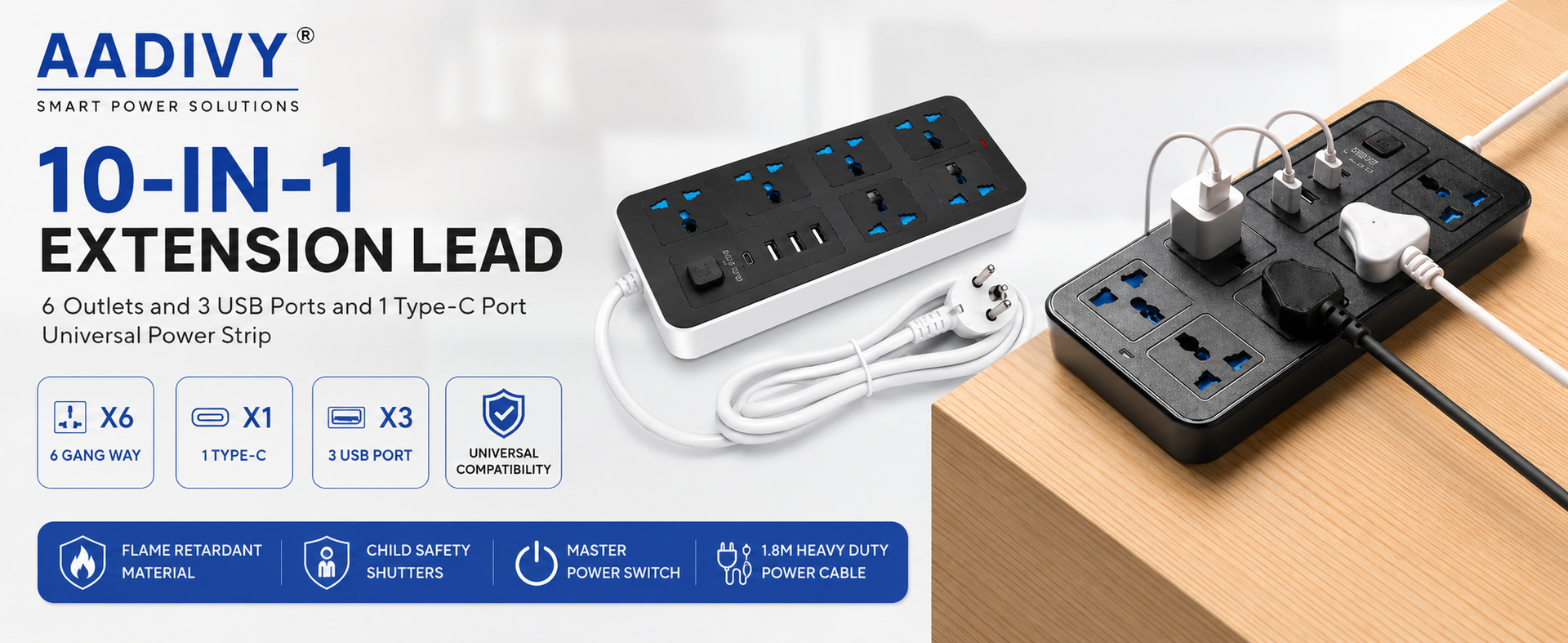 10 in1 Universal Extension Board with 6 Sockets 3 USB Ports & 1 PD Type-C Fast Charging |1.8M Cable | 2500W Power Strip with Switch | Multi Plug Cord for Home Office TV Computer & Mobile