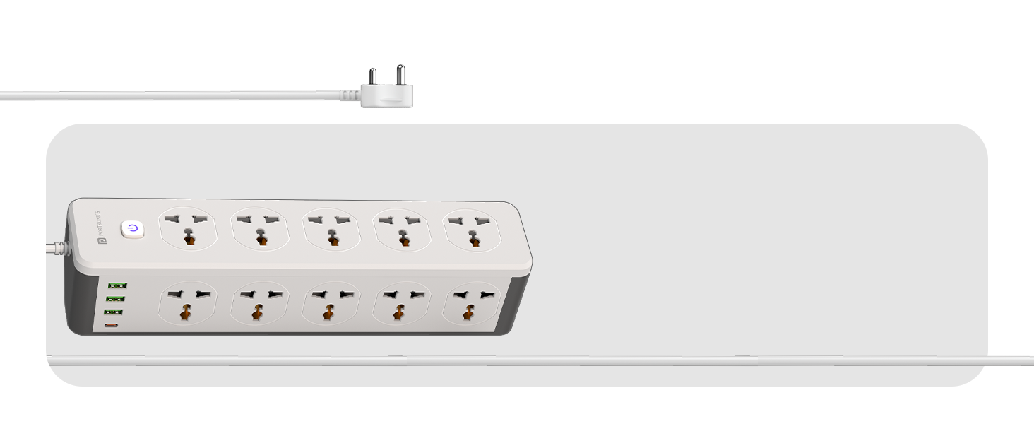 Portronics Power Plate 14 Extension Board with 10 Universal Sockets, 25W Type-C PD, 3 USB Charging Ports, 3 Meter Long Cord, 2500 Watts, 2.1 Amp USB Output, Multi Plug for Home Appliances (White)