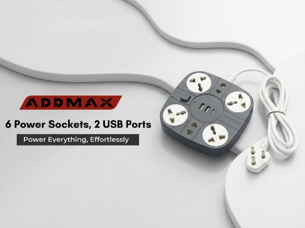 ADDMAX Extension Board with USB | 6 Power Sockets, 2 USB Ports + 1 Type-C Port | 10 Meter Heavy Duty Cord | 10A 220V Multi Plug Extension Cord | Fireproof Power Strip for Home, Office & Laptop – Grey