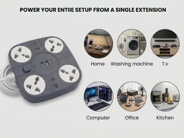 ADDMAX Extension Board with USB | 6 Power Sockets, 2 USB Ports + 1 Type-C Port | 10 Meter Heavy Duty Cord | 10A 220V Multi Plug Extension Cord | Fireproof Power Strip for Home, Office & Laptop – Grey