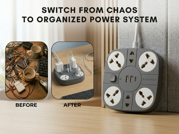 ADDMAX Extension Board with USB | 6 Power Sockets, 2 USB Ports + 1 Type-C Port | 10 Meter Heavy Duty Cord | 10A 220V Multi Plug Extension Cord | Fireproof Power Strip for Home, Office & Laptop – Grey