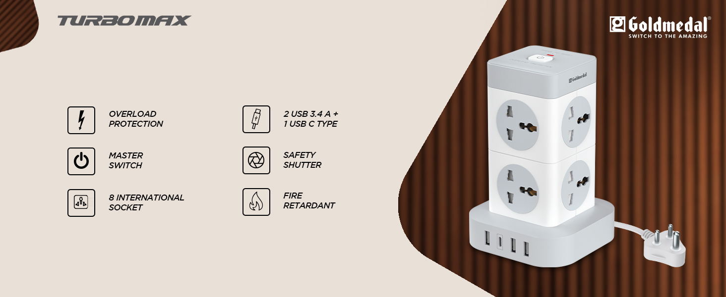 Goldmedal Turbomax 8+4 Power Strip | 8 Universal Sockets with Safety Shutter | 3A-USB & 1 USB-C Port | Master Switch with Indicator | 2-Meter Extension Cord for Home & Office | (White)