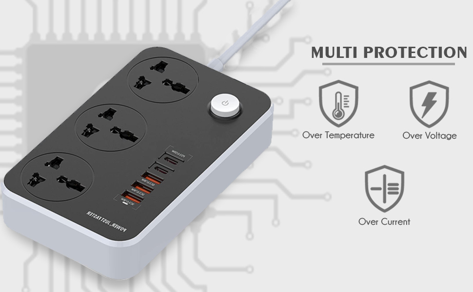 BIGXEN 2500W Universal Extension Board with 3 Power Sockets, 38W 4 USB Ports & 2 Fast-Charging Type-C Ports | 2 Meter Wire | Fire-Resistant Cord with Overload Protection | Home, Office & Travel – 1 Pc