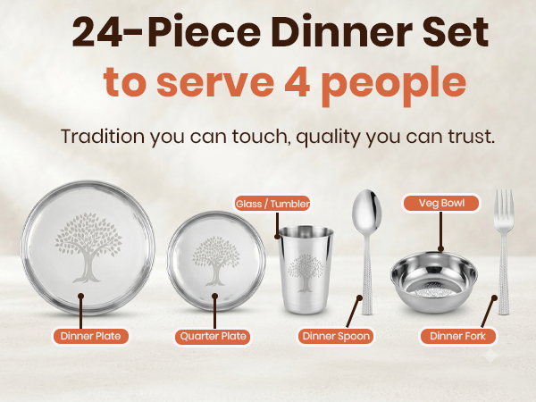 LIMETRO STEEL Stainless Steel Dinner Set for 4, 24-Piece Indian Thali Set with Plates, Bowls, Katori, Glasses, Spoons & Forks, Tree Design (Set of 24- Serves 4)
