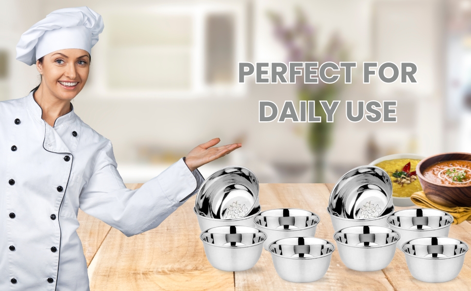 KC Stainless Steel Heavy Gauge Bowl/Wati Set With Mirror Finish And Flower Printed Design [10.5 Cm, Set Of 6 Piece], 200 ML