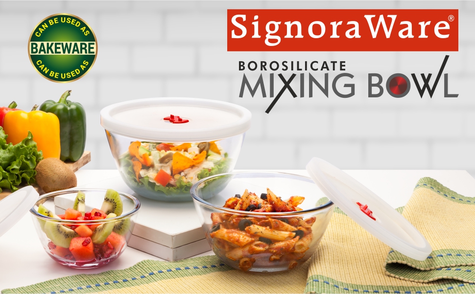 SIGNORA WARE Borosilicate Glass Mixing Bowl with Lid & Steam Release Knob, Clear, 500ml, Microwave Safe, Heat Resistant, Direct Fridge to Oven, Ideal for Storing, Reheating, and Serving