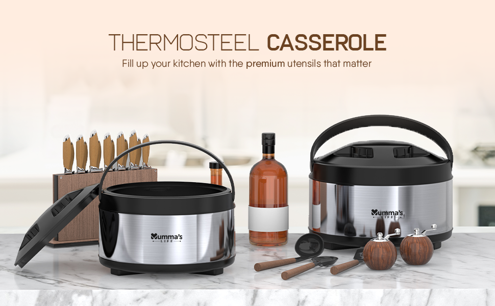 Mumma's LIFE Stainless Steel Thermoware Casserole with Lid for Roti/Chapati | Double Wall Insulated Hot Pot for Hot Meal/Chapati/Curry Set of 1 (1500ML), Silver