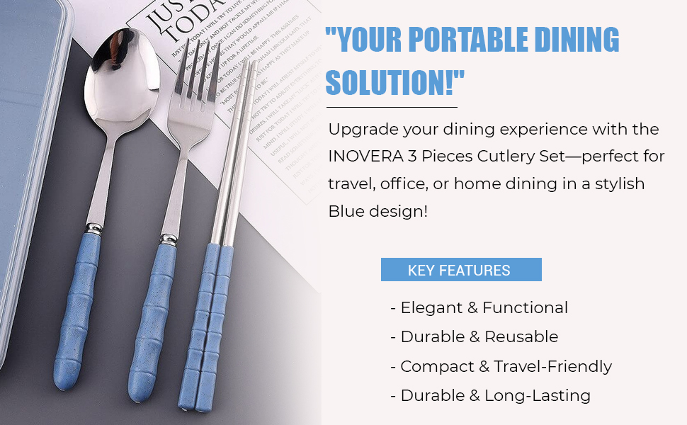INOVERA (LABEL) 3 Pieces Cutlery Set of Spoon, Fork, Chopsticks - Reusable Tableware Cutleries with Case - Dining Accessories Sets for Travel, Office, Home (Blue)