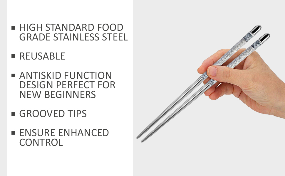 INKULTURE 5 Pairs Reusable Metal Stainless Steel Chopsticks Dishwasher Safe Lightweight Easy to Use Metal Chop Stick Utensils