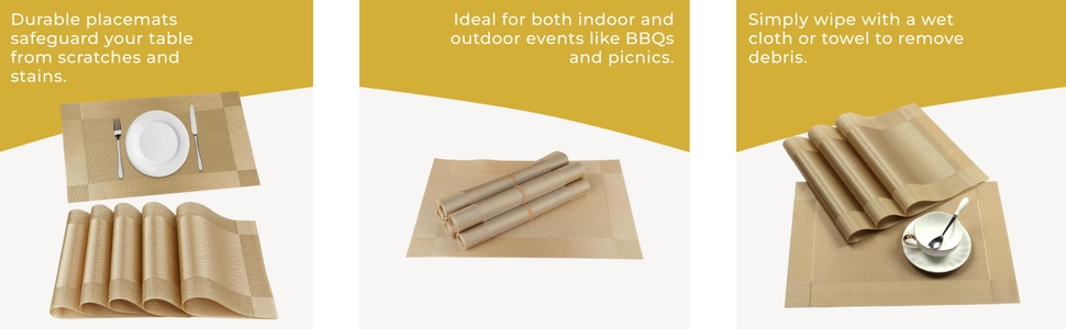 P-Plus International Placemats Set of 6 Dining Table Place Mats | Placemats Table Mat PVC Material | Non-Slip Heat Resistant | Dining Tablemates Washable Anti-Skid | Size 45 x 30cm (Gold) Vinyl