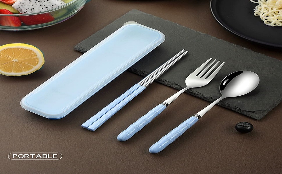Home Cloud Premium Stainless Steel Cutlery Set of 3-Piece (Spoon, Fork, Chopsticks) Including Travel Spoon Box - Exquisite Portable Tableware for Customized Gifts (Blue)