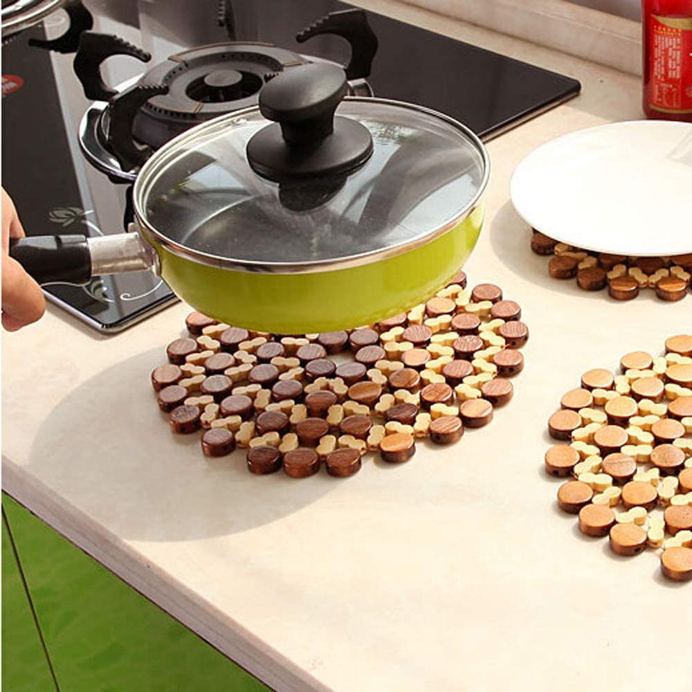 4 Pcs Round Wooden Trivet Mat Set Heat Resistant Pot Holder Pads for Kitchen Dining Table Brown Flower Shape 21 x 21 cm Protects Surface from Heat Scratches for Plates Dishes Pots Pans Serveware