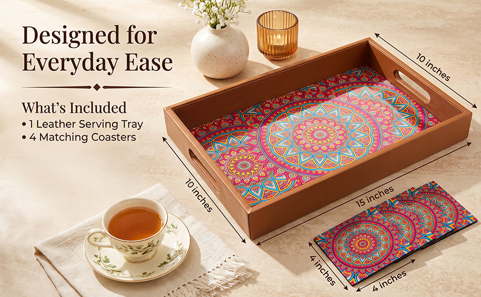 Birch & Co. Wooden Tray For Serving-Free 4 Coasters-10 Inch X 15 Inch-Serving Tray-Tray Set For Decoration-Tea Trays-Big Coffee Tray-Premium Mdf Trey-Wooden Serving Trays-Resin Tray,Round