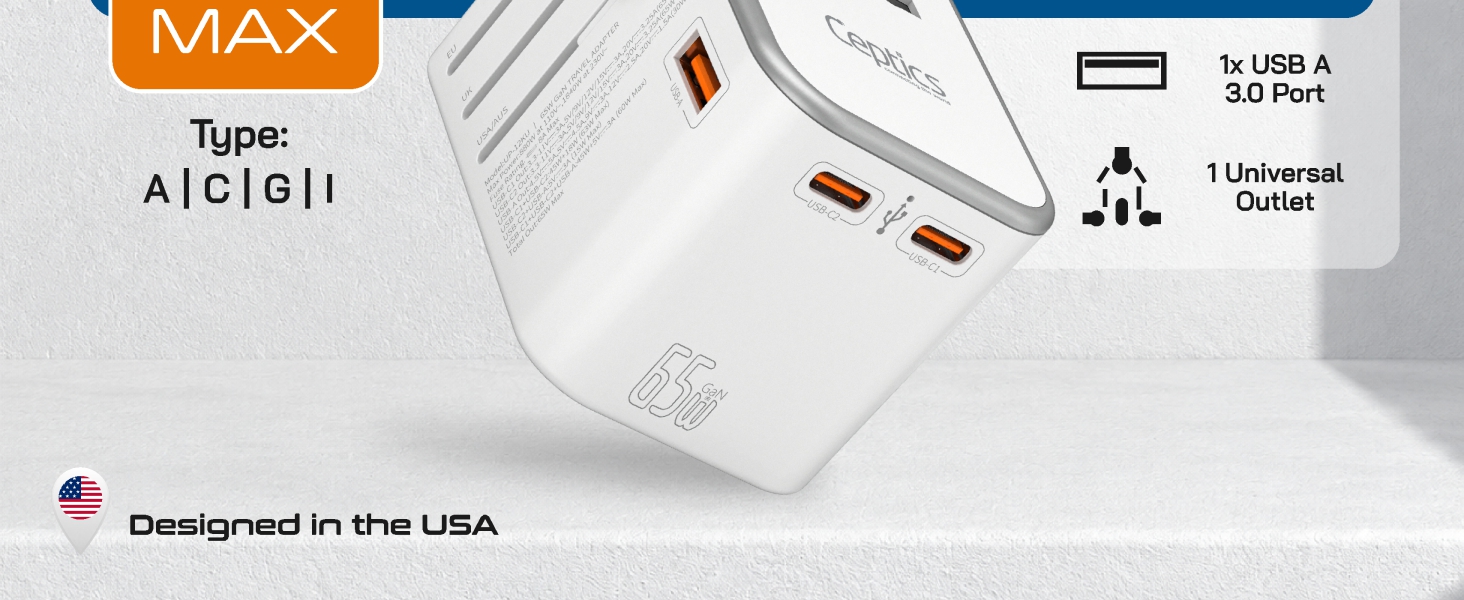 Ceptics TravelAdapter 4 in 1 65W Universal Travel Adapter with Type C - India to International Travel Adapter Plug Socket, 1 x USB, 2 x USB-C (3.1A) Fast Charging, 10 Years Warranty - White