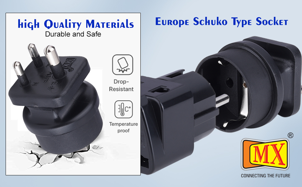 MX Schuko to India Plug Adapter 5 A – Converts European Type E/F Input to India Type D 3-Prong Output, Heavy-Duty 250 V Grounded Travel & Appliance Connector, Black
