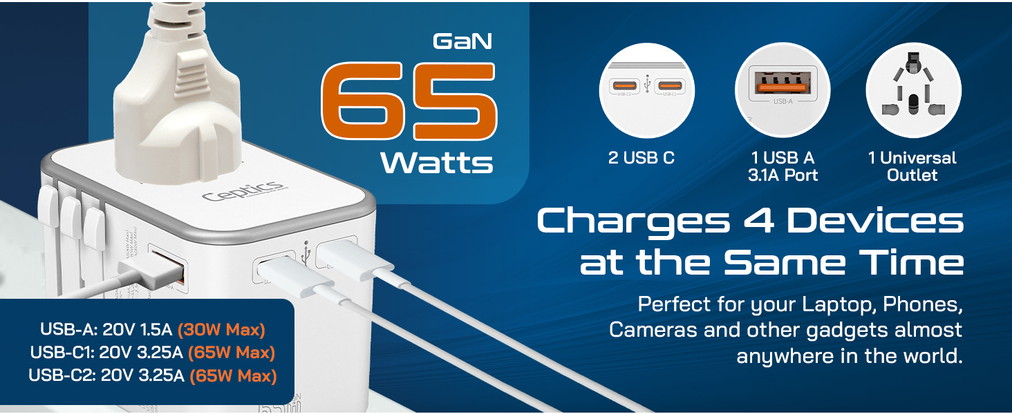 Ceptics TravelAdapter 4 in 1 65W Universal Travel Adapter with Type C - India to International Travel Adapter Plug Socket, 1 x USB, 2 x USB-C (3.1A) Fast Charging, 10 Years Warranty - White