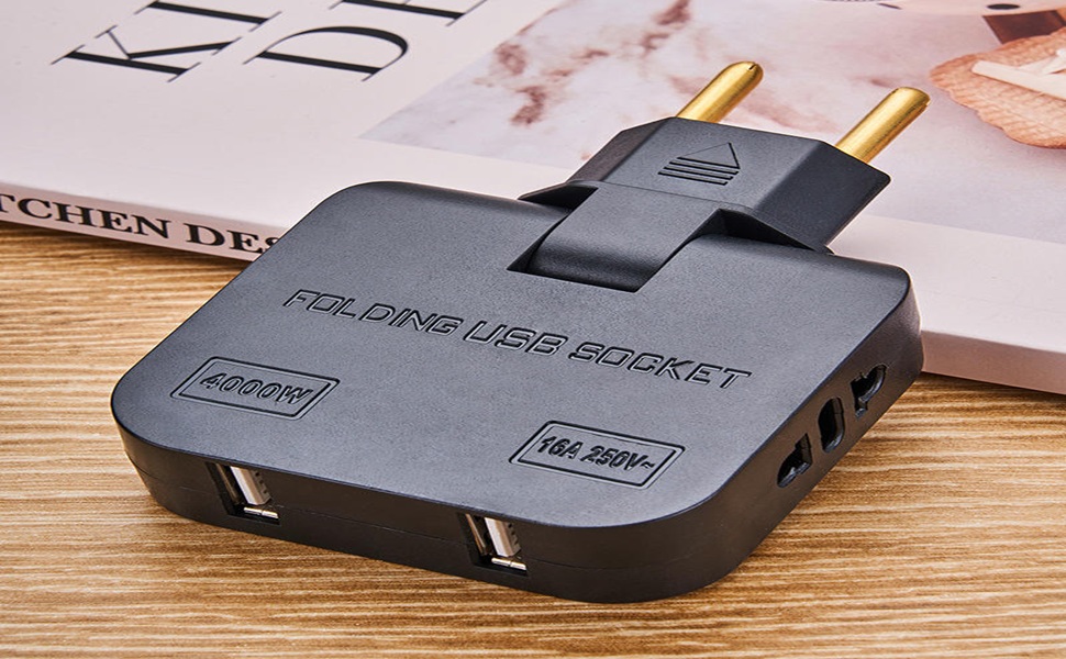 3-in-1 Foldable 180° Rotating Plug Converter Universal EU Adapter Rated Voltage Folding EU Plug Adapter with 2 USB Ports Universal Rotatable Socket Splitter Wall Tap with USB Travel Adapter