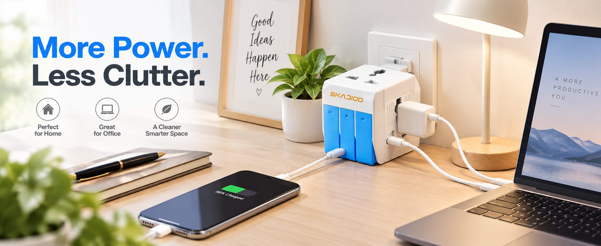 SKADIOO Universal Charger Adapter | 2 Years Warranty, 3-in-1, 5A - 250V | Adapter Charger, Universal Travel Adapter All in One, Multi Plug Adapter, Individual Switch and Fuse Protected (White, Blue)
