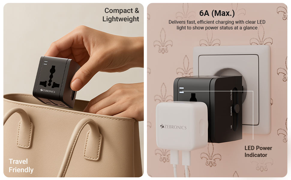 Zebronics 1500W All-in-One Universal Travel Adapter, Upto 6A, USB-A, Type-C, Universal Socket, Swappable Pins for EU|KR|UK|US|JP|AUS|CN, for Mobile, Tablet, & Laptop (Travmate 200)