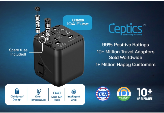 Ceptics 2 in 1 Universal Charger Adapter, Universal Travel Adapter All in One with 2500W High Power Output, International Plug Adapter for Phones, Tablets, Compatible in 150+ Countries