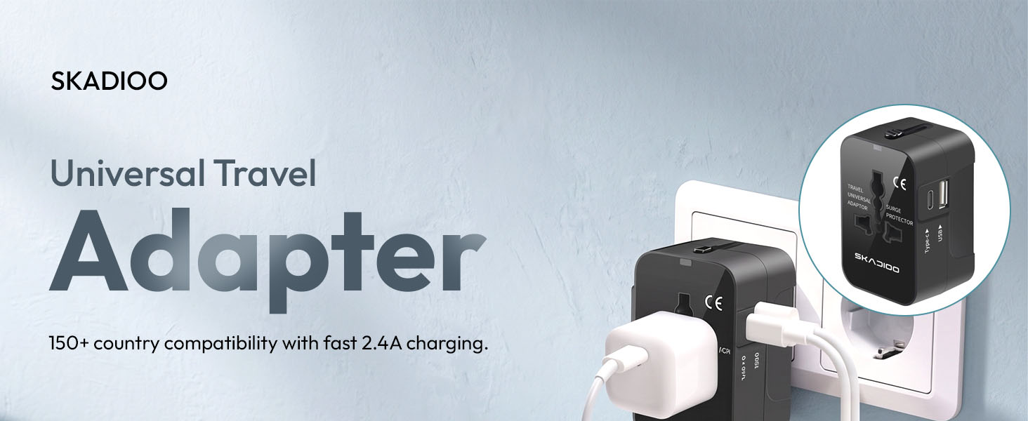 SKADIOO Universal Travel Adapter All in One – 2.4A Universal Adapter Travel, Multi Plug Type C Power Converter for 150+ Countries, Compact and Portable Design