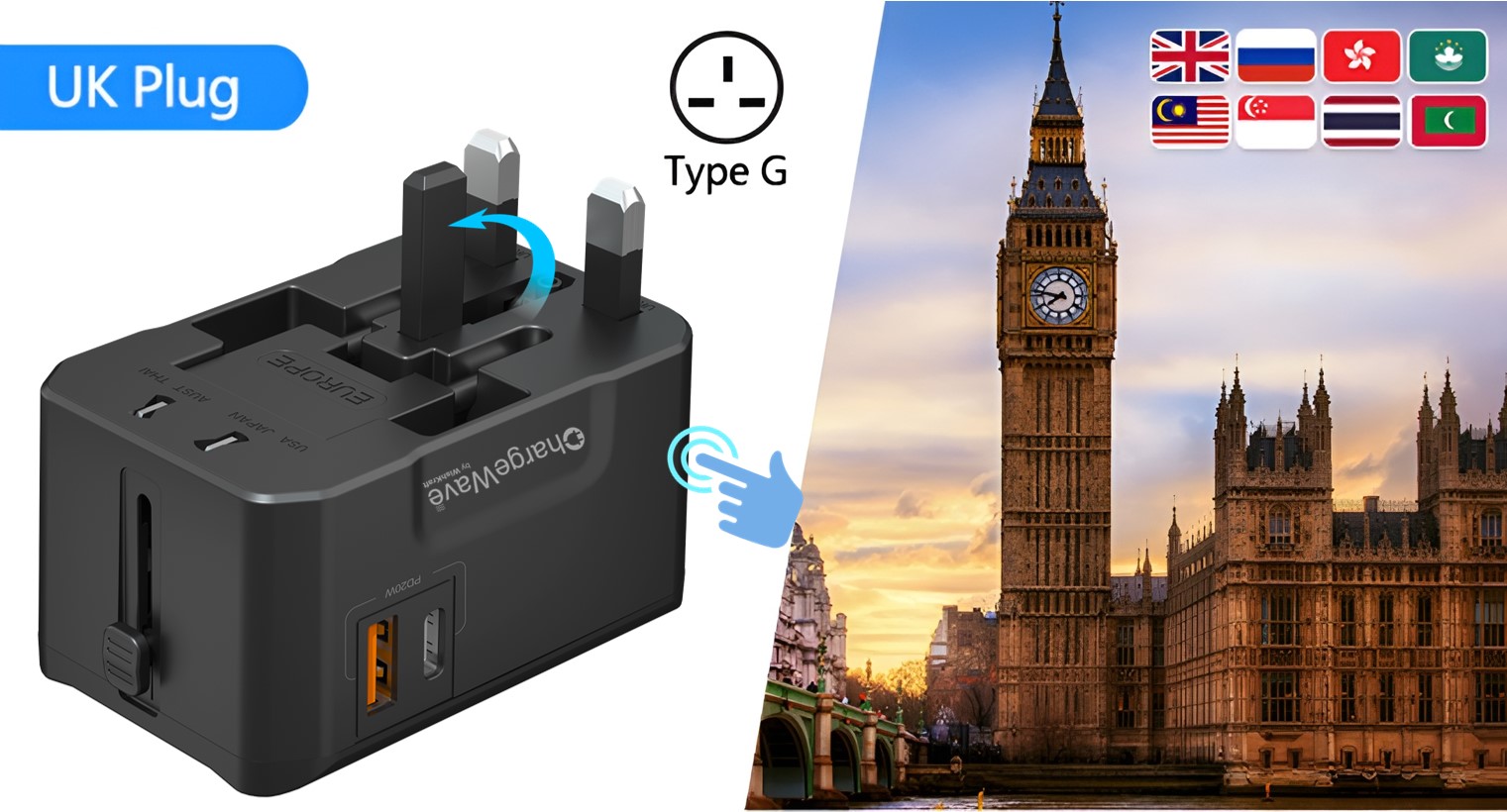 ChargeWave Universal Travel Adapter with 20W Fast Charging 2 USB Ports | All in One Worldwide Plug | 210+ Countries (US/UK/EU/AUS) | International Power Adapter Socket for Mobile, Laptop & Accessories