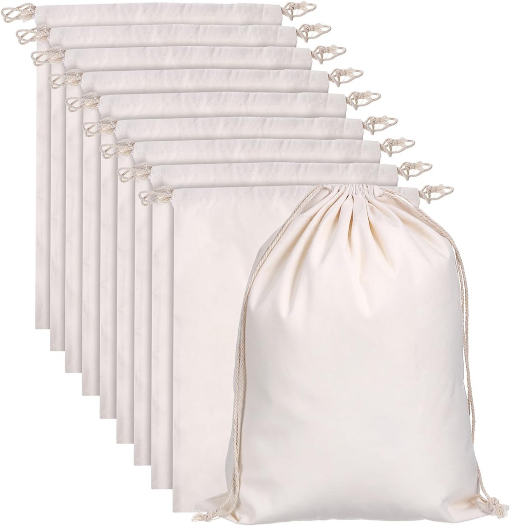 10pcs X-Large Reusable Cotton Drawstring Bags, 12x16 Inches Multipurpose Canvas Storage Bags